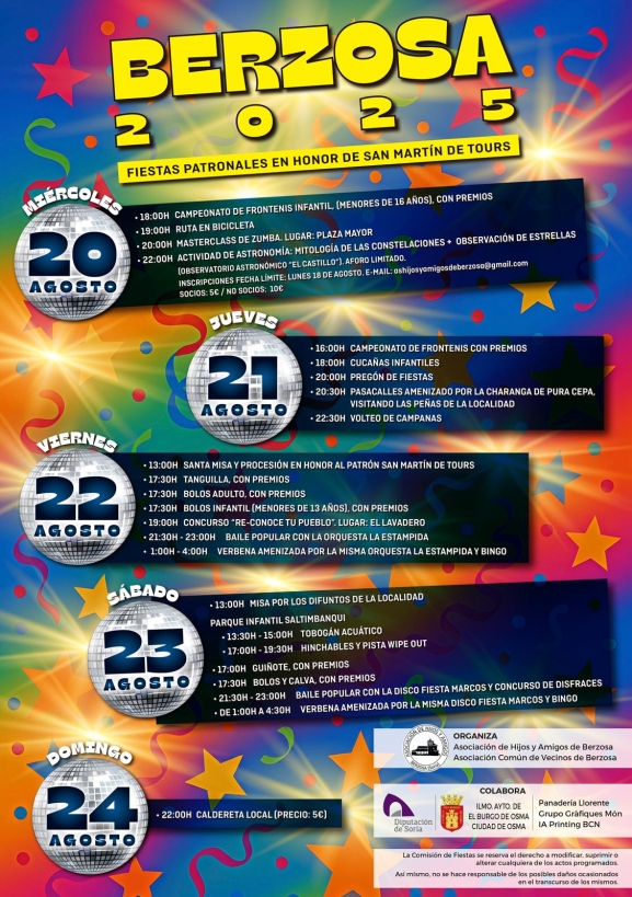 Fiestas de Berzosa 2025: programa completo del 20 al 24 de agosto