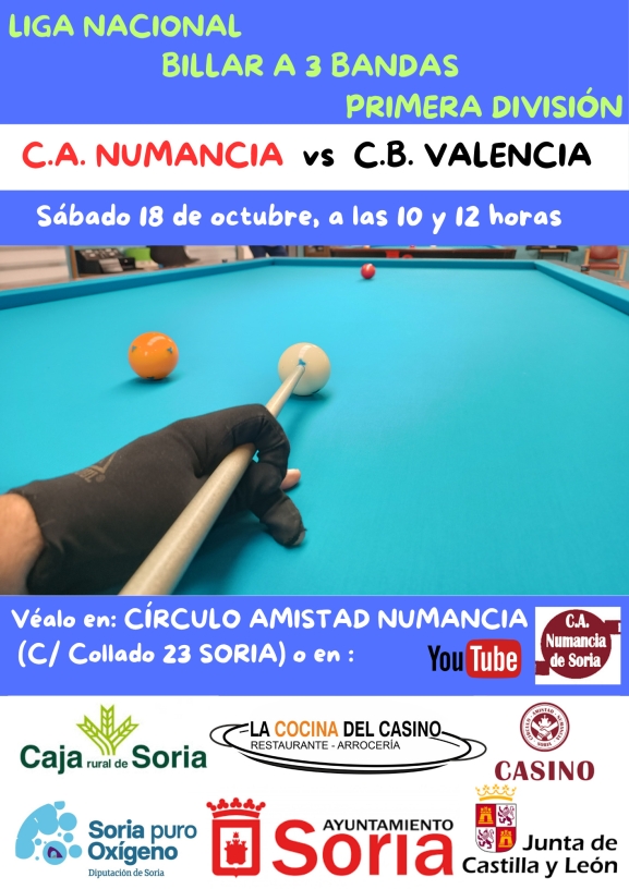 El CA Numancia de Billar se mide al líder Valencia en la Liga