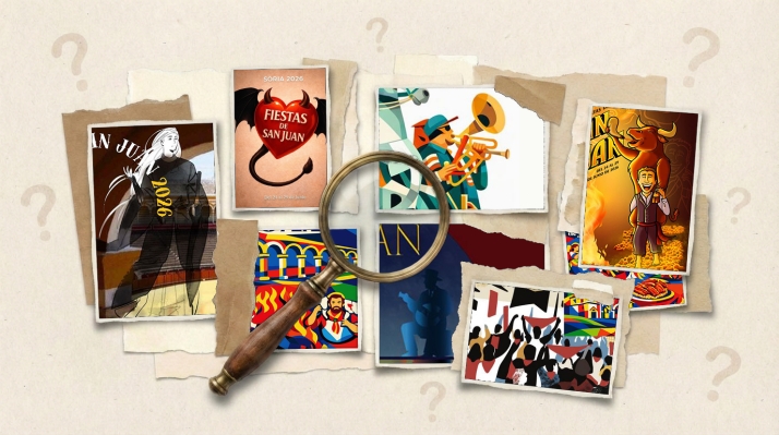 Los detalles más surrealistas de los carteles de San Juan: Del pañuelo rojo de Pamplona, al samurái negro o el pastor del belén