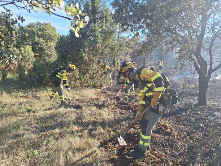 Un retén enfría el perímetro del fuego en Tardelcuende que ha arrasado 5 hectáreas de masa arbolada