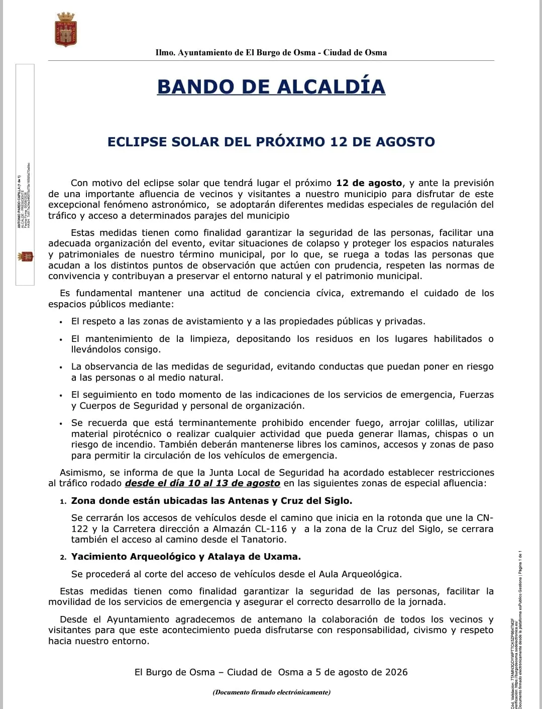 Foto 2 - Restricciones de tr&aacute;fico en El Burgo de Osma por el eclipse
