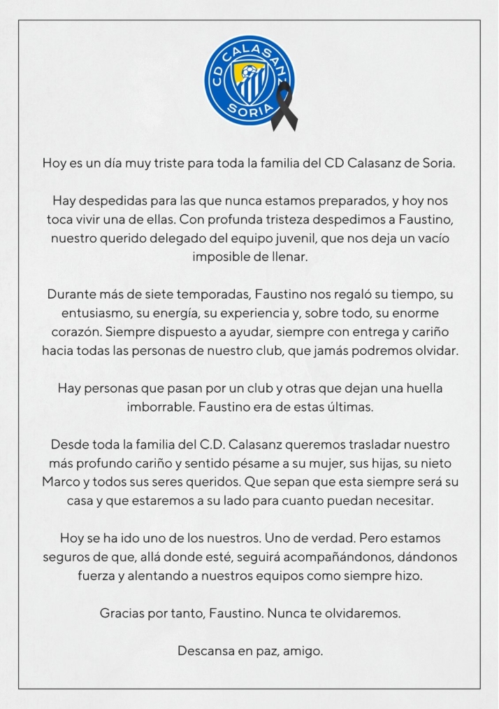 El Calasanz llora la p&eacute;rdida de Faustino Lobo, su delegado del equipo juvenil  | Imagen 1
