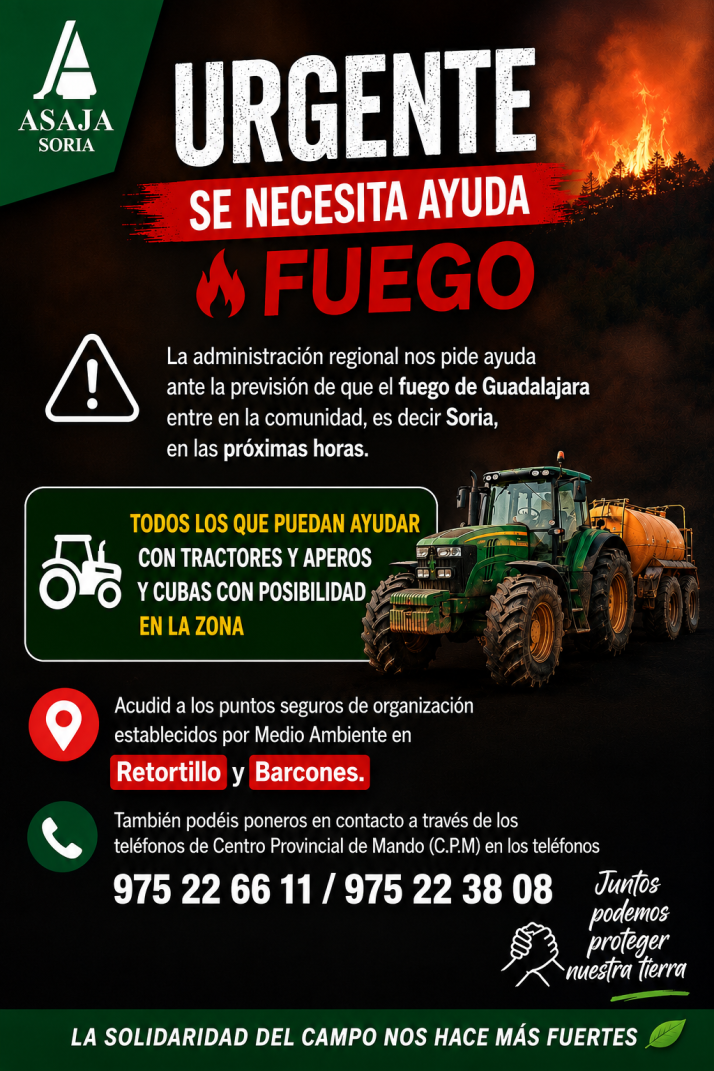 La Junta pide la colaboraci&oacute;n de los agricultores y refuerza el sur de Soria ante la posible llegada del incendio de Guadalajara esta tarde | Imagen 1