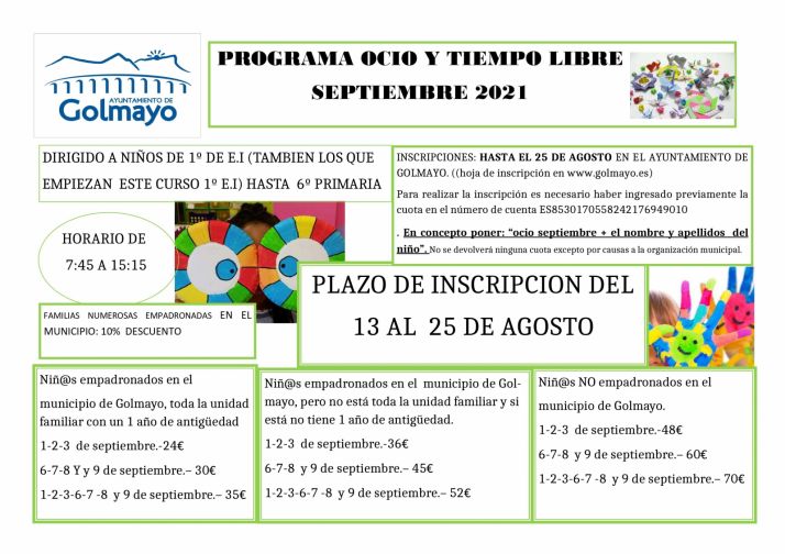 Abierto el periodo de inscripci&oacute;n para el programa de Ocio y Tiempo Libre de septiembre en Golmayo | Imagen 1