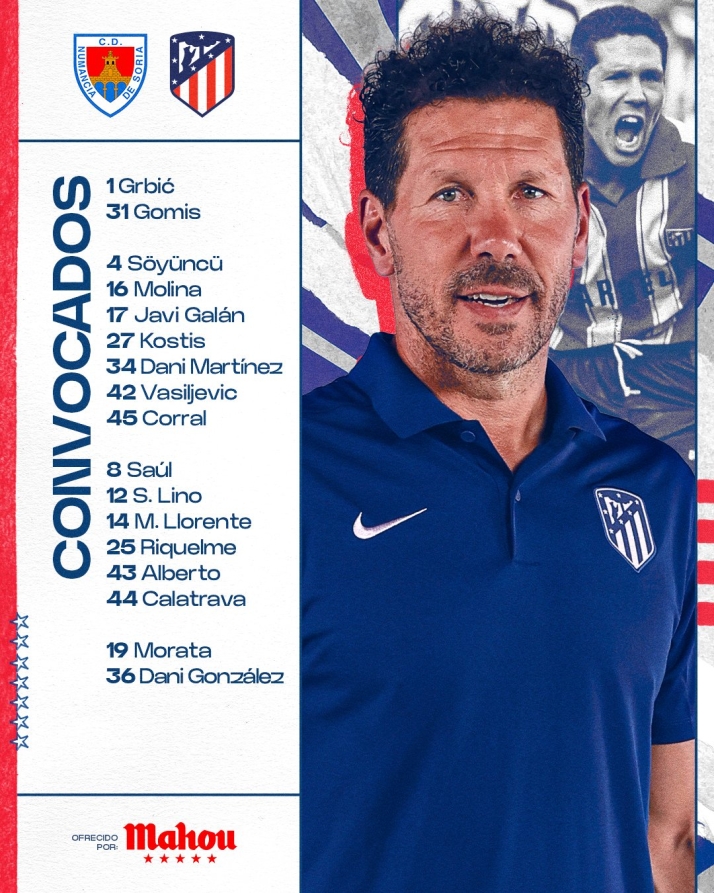 El Atl&eacute;tico de Madrid anuncia su lista de convocados para el partido frente al Numancia | Imagen 1