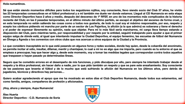&Aacute;lex Huerta reconoce que ha puesto su cargo a disposici&oacute;n de la directiva y anuncia medidas legales contra los insultos | Imagen 1