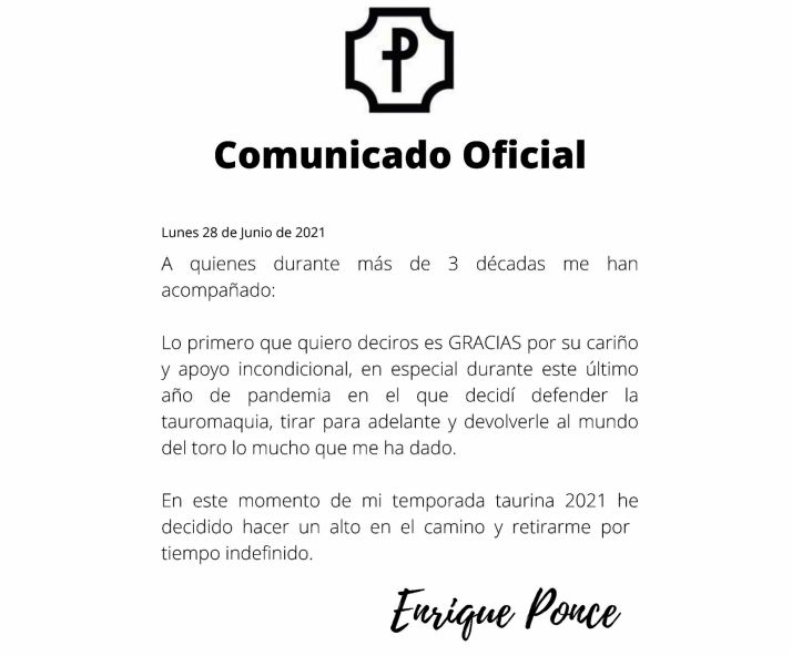 Comunicado oficial de Enrique Ponce