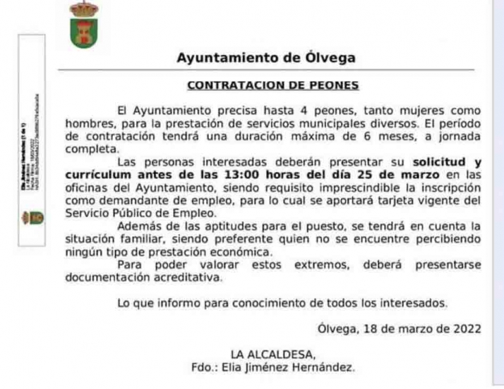 El Ayuntamiento de &Oacute;lvega precisa cuatro peones | Imagen 1