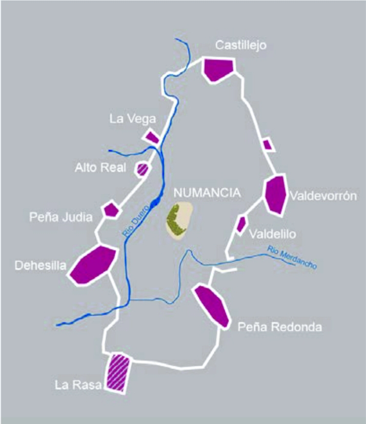 Campamentos romanos levantados en torno a Numancia. Extra&iacute;do de &lsquo;La huella de Roma&rsquo;, editado por Proynerso.