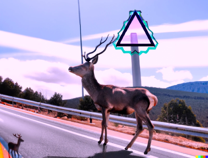 Ciervo cruzando una carretera generado digitalmente con Dall-E